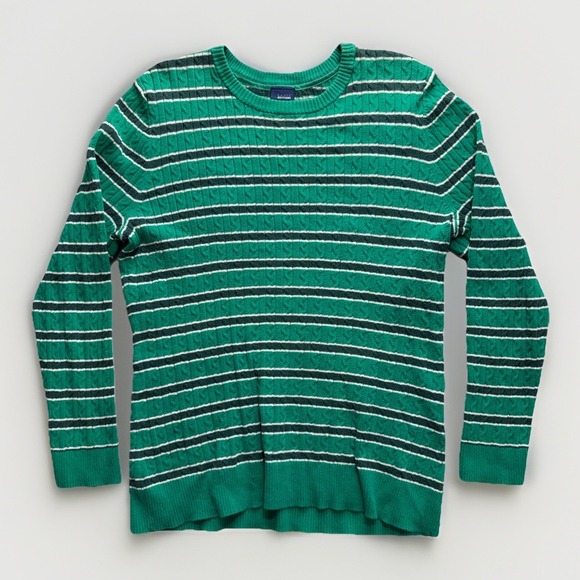 Basic Editions Sweaters - Basic Editions Women XL Long Sleeve Y2K Striped Cable Knit Sweater Preppy Green